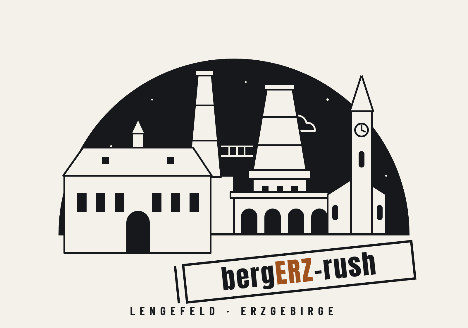 bergERZ-rush – Lengefeld · Erzgebirge. Logo mit Schloss, Kalkwerk und Kirche als Silhouette