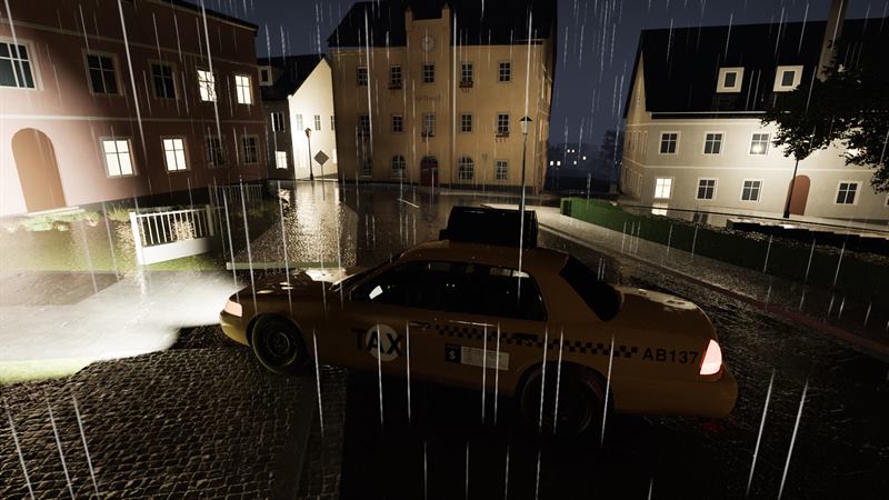 Gelbes Taxi bei Nacht und Regen vor dem Rathaus