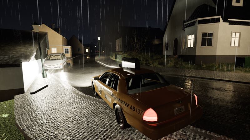 Taxi auf Kopfsteinpflaster in einer Wohnstraße bei Nacht